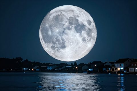 Giant Moon Over a Quiet Town