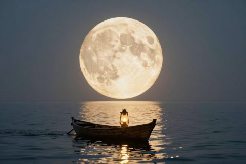 Boat Sailing Toward a Giant Moon