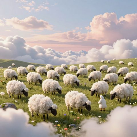 Tiny Cloud Sheep Grazing in the Sky