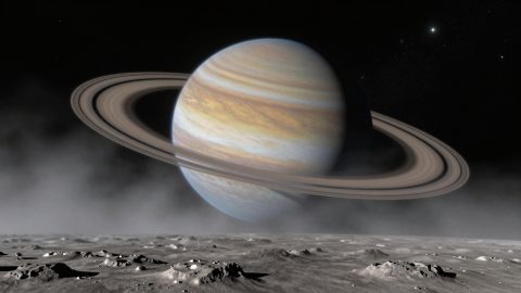一个巨大的环状气态行星从旁边看去
