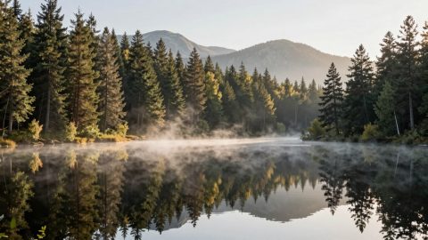 清晨宁静的山间湖泊